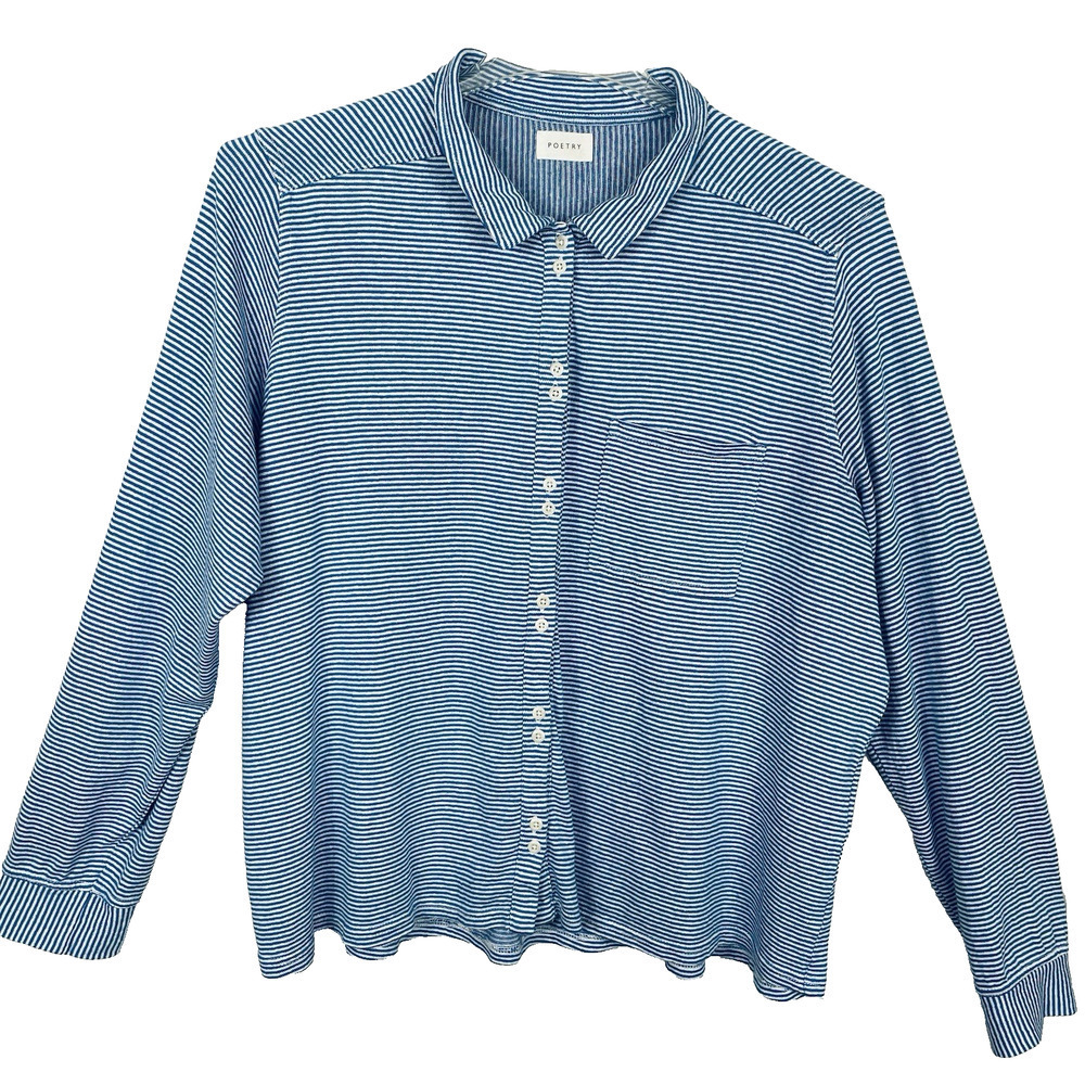 Poetry Hemp Organic Cotton Cardigan Sweater Size 16 Blue Stripe Nautical Coastal